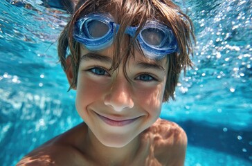 Naklejka premium a happy boy swimming in the pool, wearing goggles and swim trunks, swimming underwater