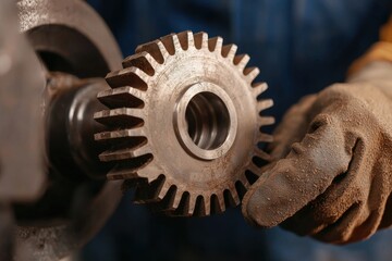 engineer mechanics sustainability Concept. Close-up of a metal gear being handled with a gloved hand in an industrial setting.