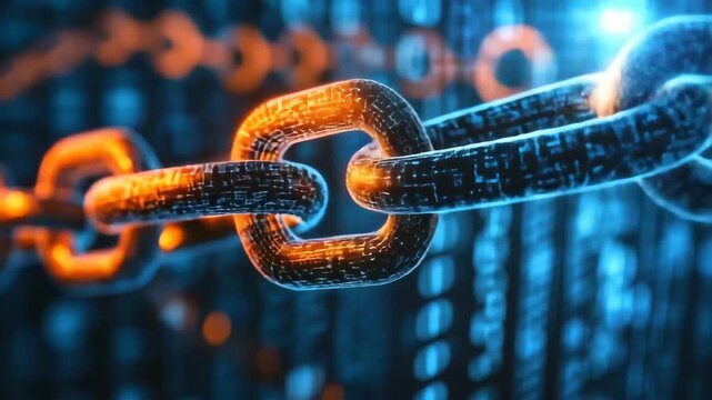 Glowing chains interlink in a vibrant digital cosmos, showcasing the fusion of technology and innovation under a mesmerizing night sky filled with data streams.