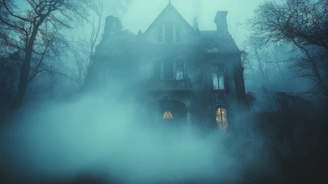 A mystical atmosphere surrounds a decrepit mansion shrouded in fog, where dim lights glow invitingly from within, hinting at the mysteries and stories that linger in the shadows.