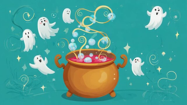 A bubbling cauldron sits isolated, colorful swirling smoke and magical sparks rising.