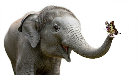 Obraz premium 子象と蝶 優しく舞い降りる蝶 白背景 (Kozo to chou yasashiku maioriru chou shiro haikei) Translation: Baby elephant and butterfly gently descending butterfly white background. AI Generated