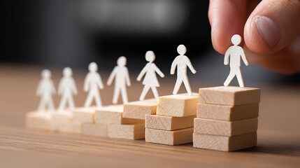 White Paper People Figures Climbing Wooden Blocks Steps Career Growth job goal work path image      