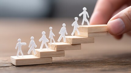 Teamwork Success Growth Strategy Wooden Steps People Figures goal path white paper career target    