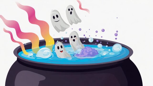 A bubbling cauldron sits isolated, colorful swirling smoke and magical sparks rising.