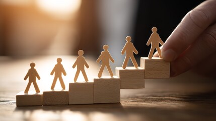 Wooden Figures Climbing Steps Business Growth Success Career goal rise rise target future vision    