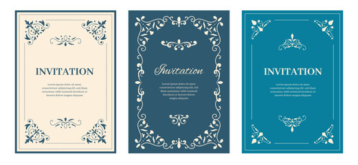 Set of decorative vintage frame invitation. Antique ornament elements border.