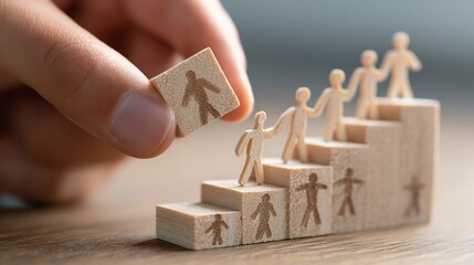 Wooden Figures Climbing Stairs Teamwork Success Growth Concept goal hand rise step path unity career