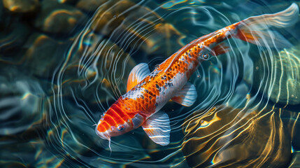 Vibrant orange and white koi fish swimming in rippling water