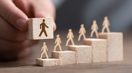 Wooden Blocks Human Figures Career Growth Path Success job team goal work steps image photo people  
