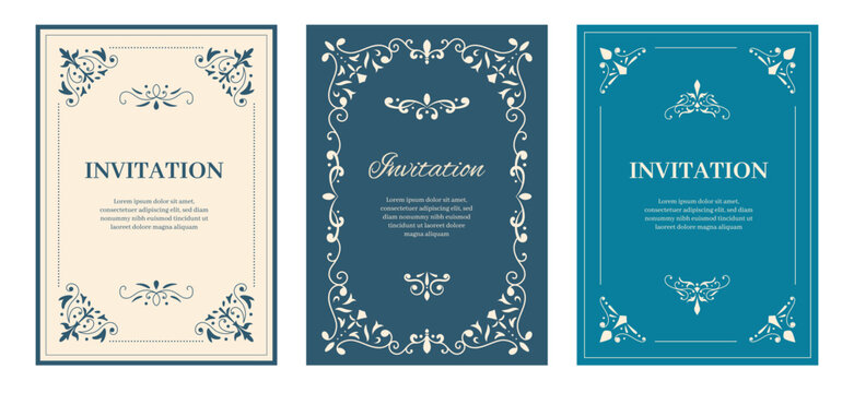 Set of decorative vintage frame invitation. Antique ornament elements border.