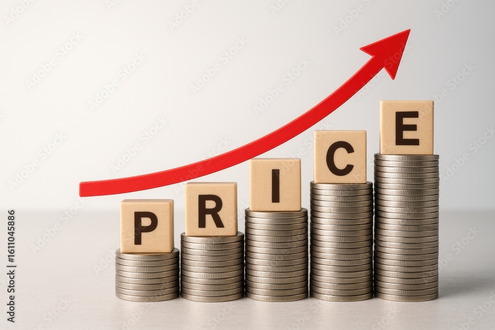 Poster price surge: a visual representation of price increases, with coins stacked to spell the word price 