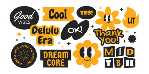 Trendy stickers collection with gen z and millenials internet slang words.  Groovy fun design patch character.