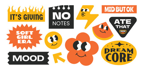 Trendy stickers collection with gen z and millenials internet slang words.  Groovy fun design patch character.
