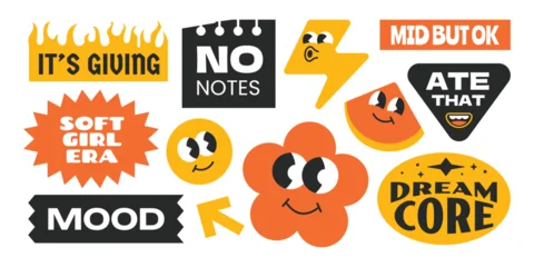 Fotobehang Positive Typography Trendy stickers collection with gen z and millenials internet slang words.  Groovy fun design patch character.  © titusurya