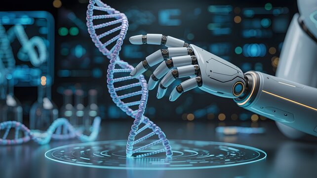 Robotic Hand Interacting with DNA Strand, Futuristic Lab Setting