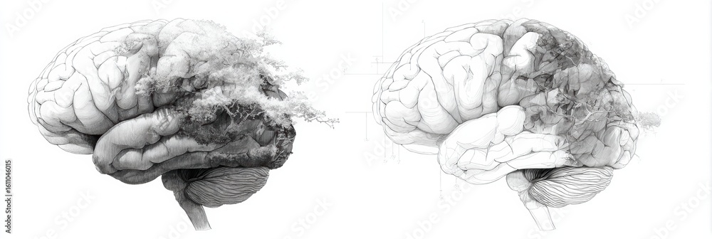 Poster pencil sketch transforming into a detailed representation of a 3d brain with one side gradually empt