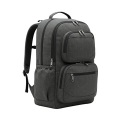 Grey textile travel backpack with multiple zippered pockets for school or urban commute