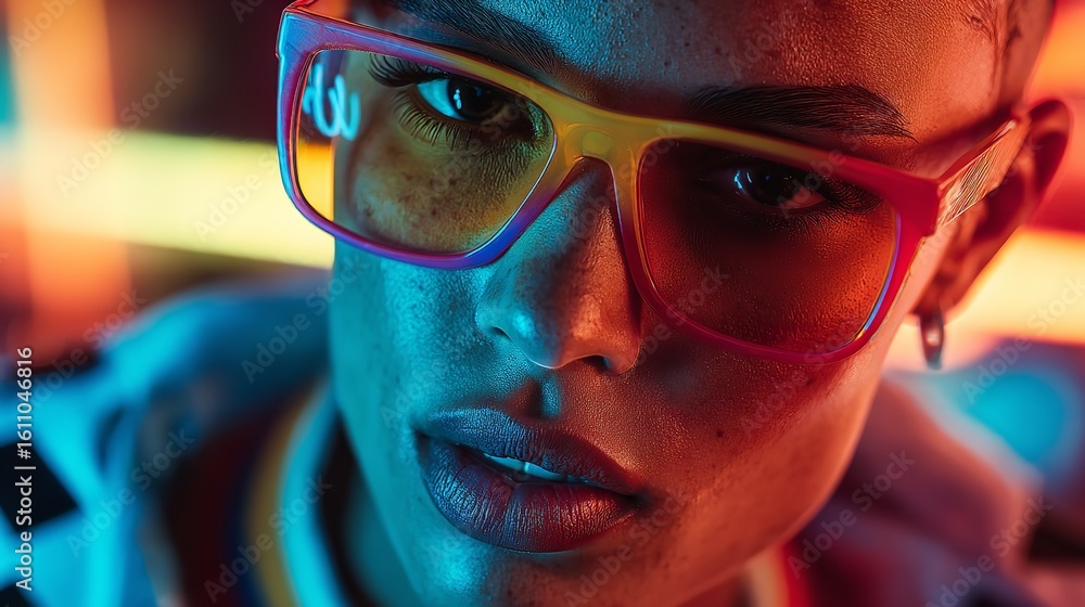 Poster embracing vibrant futuristic vibes with unique eyewear in a neon cityscape glow with sharp focus