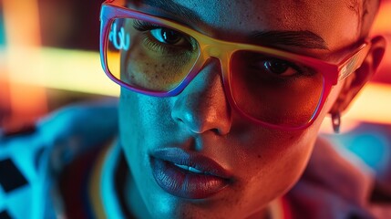 Embracing vibrant futuristic vibes with unique eyewear in a neon cityscape glow with sharp focus