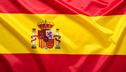 Fototapeta premium Spain flag tribute in classic layout, horizontal red-yellow-red stripes, detailed coat of arms, minimalist framing, national symbolism focus, elegant color balance and clean composition.