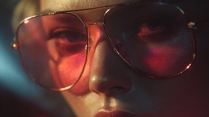 Retro Glamour A woman peers through rose tinted aviators radiating mystery under soft dramatic