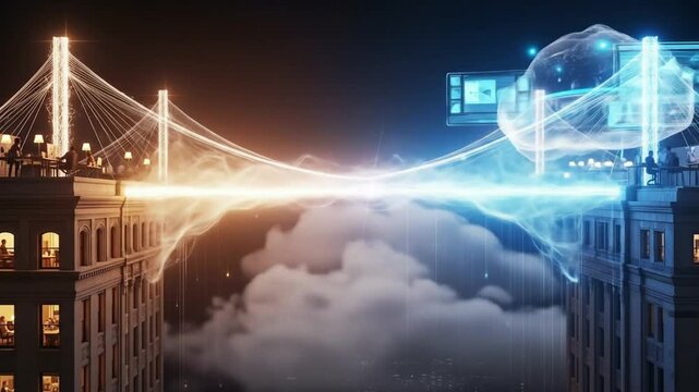 A Bridge of Light Connects a Traditional Office Building to a Futuristic Digital Workspace in the Cloud