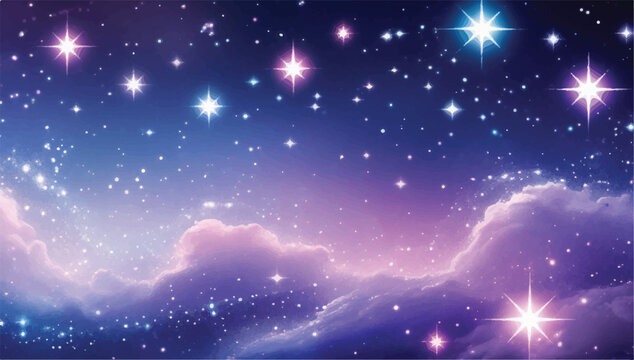 Fototapeta Enchanting night sky with sparkling stars and vibrant purple clouds. A magical fantasy background illustration of the cosmos, ideal for dreamy projects. 