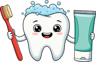  Happy Cartoon Tooth Character Vector Illustration, Holding Toothbrush and Toothpaste Tube, Cute Dental Health Mascot with Foam, Isolated on White Background for Kids' Oral Care Education.
