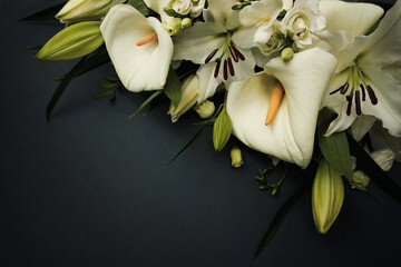 White delicate calla lily flowers composition, condolence flower background card, funeral concept image, selective focus, shallow DOF