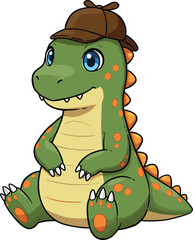 Adorable Baby Dinosaur Cartoon Character Vector Illustration, Sitting Playfully with Detective Hat, Cute Green Dragon with Orange Spots, Isolated on White Background for Children's Books.