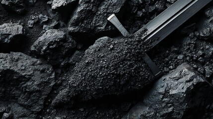An ancient sword rests among the black coal rocks a symbol of history emerging with metallic dark