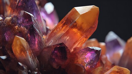A mesmerizing cluster of amethyst crystals glowing with inner light radiating energy with sharp