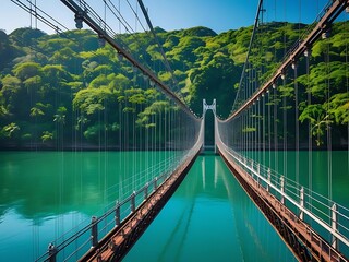 Fototapeta premium Suspension bridge crossing a vibrant green river surrounded by lush forest