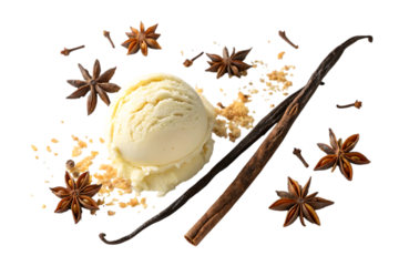 Scoop of vanilla ice cream with star anise and vanilla beans isolated on transparent background
