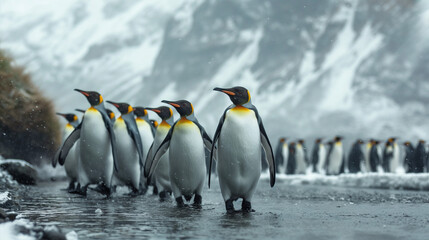 Fototapeta premium A group of king penguins wades through shallow water with snowy mountains in the background
