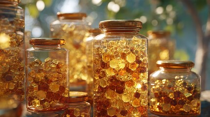 Captivating gold candy crystals glimmering in vintage glass jars bathed in warm light with bokeh