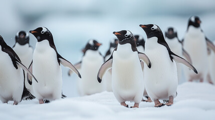 A group of penguins walking together in the snow