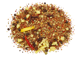 A vibrant assortment of colorful spices and herbs arranged in a circular pattern, showcasing various textures and ingredients, ideal for cooking or culinary presentations