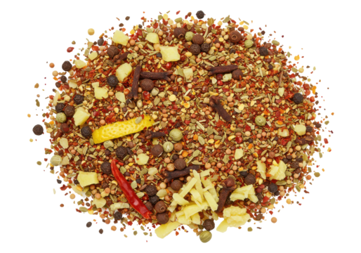 A vibrant assortment of colorful spices and herbs arranged in a circular pattern, showcasing various textures and ingredients, ideal for cooking or culinary presentations