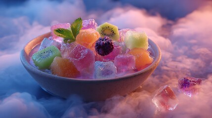 A celestial bowl of frosty fruit jewels shimmering in a mystical fog captivating with soft dreamy