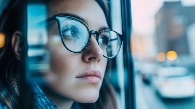 Pensive woman wearing glasses looking out through a window, with a blurred cityscape visible in the reflection