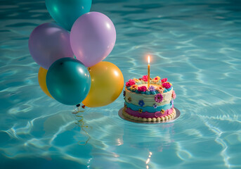 A colorful cake with a lit candle on top, surrounded by balloons. The cake is floating in a pool of water, giving the impression of a birthday party in a fantastical world