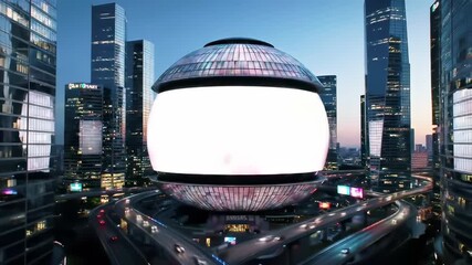 Futuristic cityscape with glowing orb and  sphere illuminated skyscrapers at dusk, showcasing advanced urban development and vibrant city life with flowing traffic.