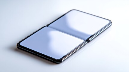 slim foldable smartphone unfolding on white surface, bright lighting