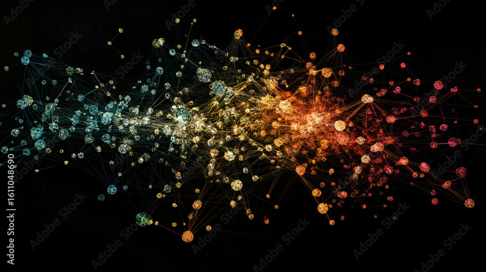 Aufkleber an abstract network of colorful dots connected by lines against a black backdrop