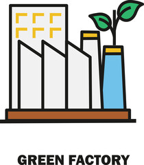 Black outline style of Sustainable Manufacturing and Recycling Icons. Green Factory, Recyclable Products, Sustainability Efforts. Eco-Friendly Industry, Waste Management, Green Practices