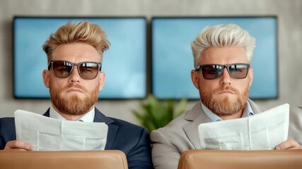 Two Caucasian men with beards in sunglasses, reading newspapers in a waiting area, evoke themes of sophistication, leisure, and modern lifestyle doppelganger effect sartorial elegance