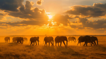 Fototapeta premium Herd of elephants walking across the savanna at sunset with dramatic clouds