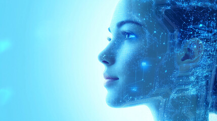 Woman illuminated by digital data visualization streams and glowing technology interface